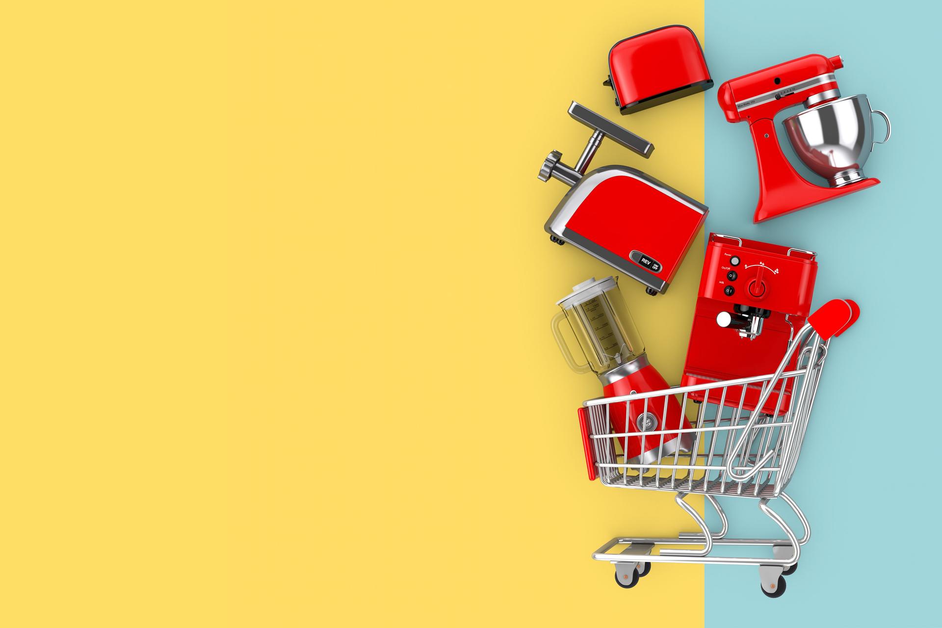 Many Kitchen Appliance Falling in Shopping Cart. 3d Rendering