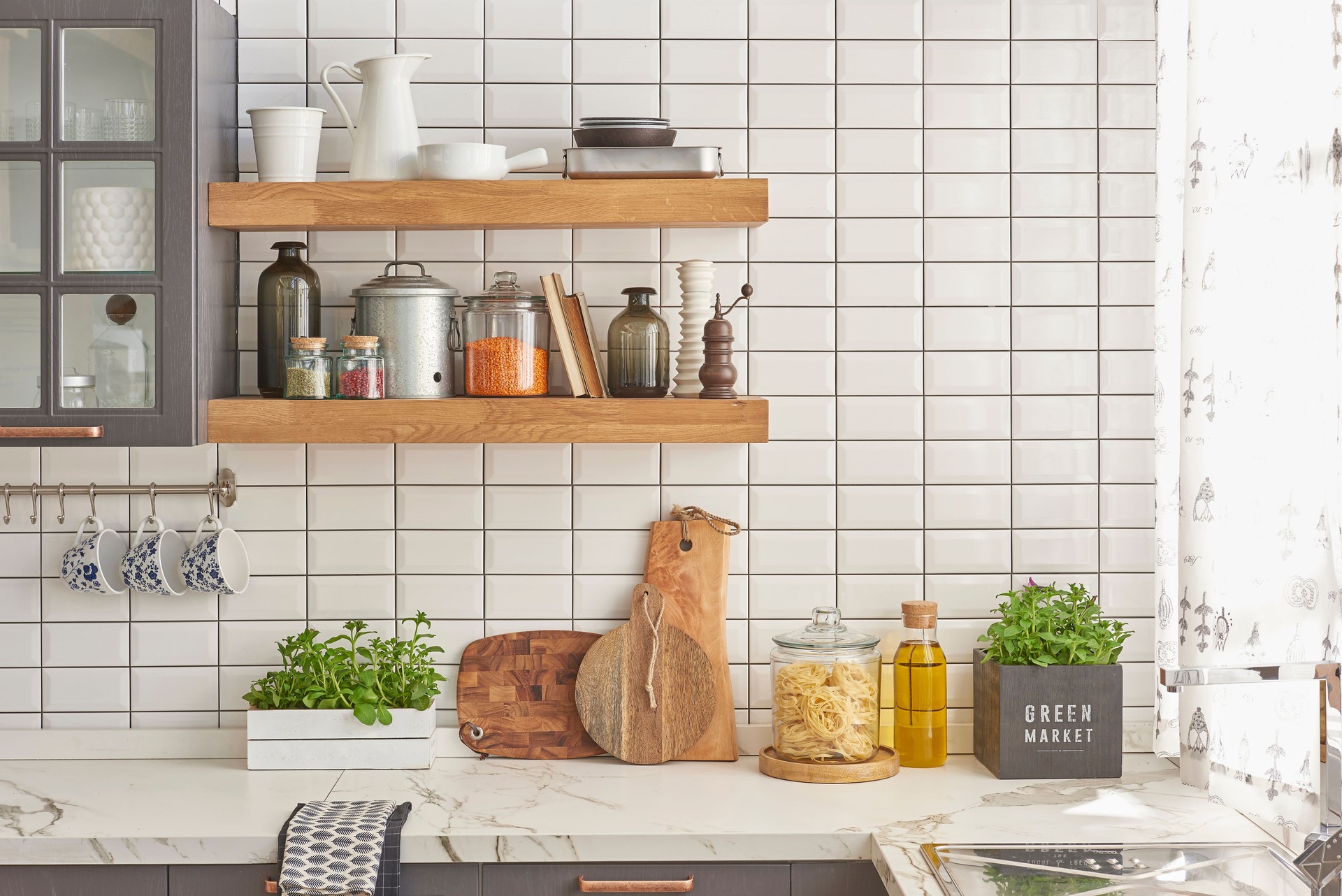 modern home kitchen product concept and wooden shelf